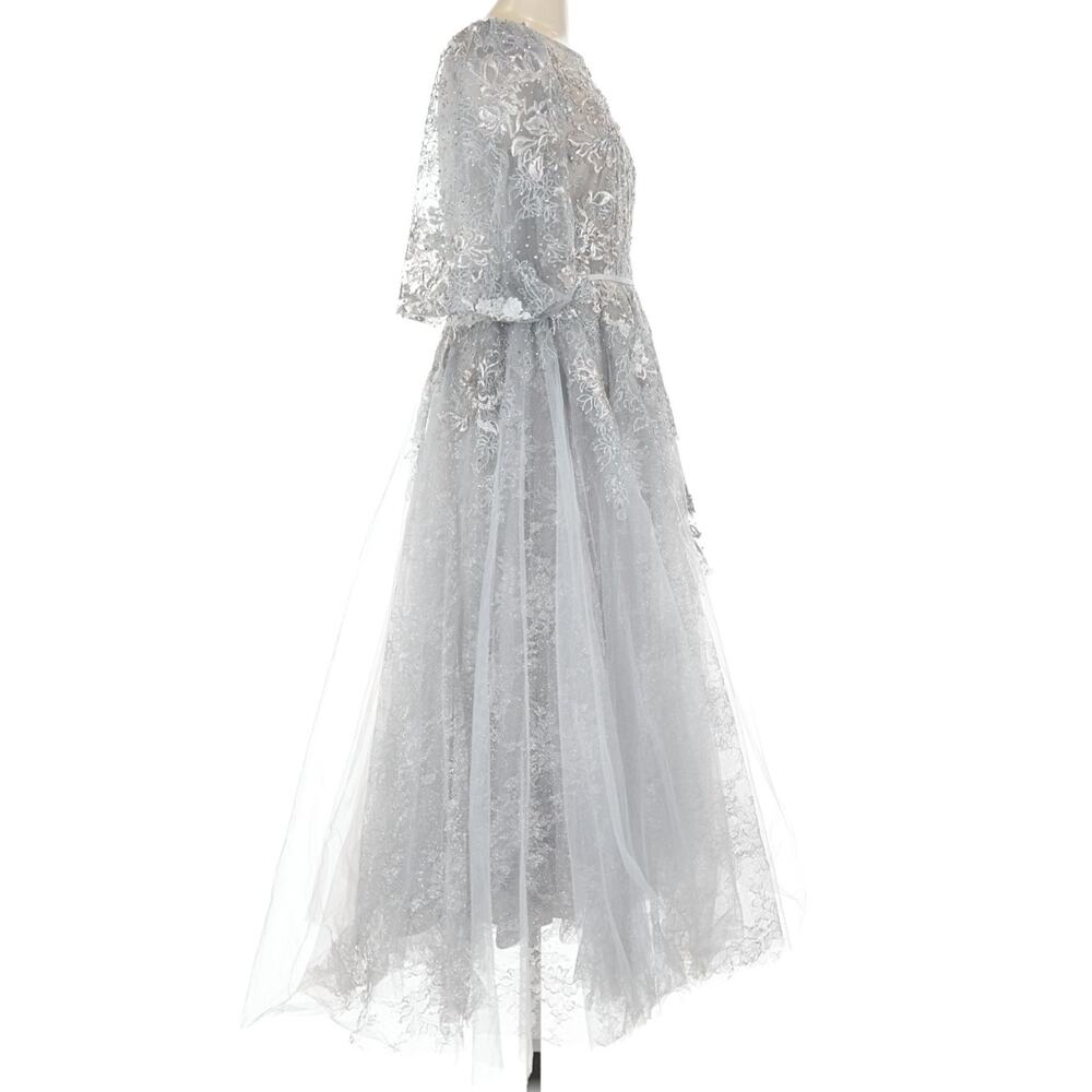 MAC DUGGAL Dress NEW 12 Silver Gray Beaded Tulle Midi Tea‎ Puff Sleeve Event - Picture 6 of 10